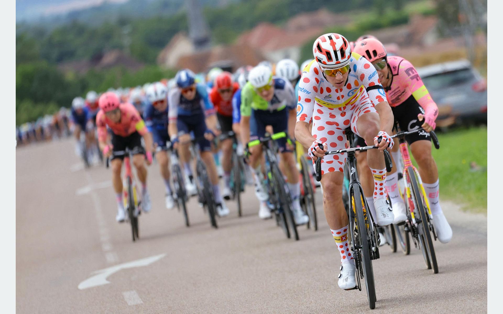 Norwegian Rider Jonas Abrahamsen Leads the Pack in Polka Dot Jersey at Tour de France Stage 9