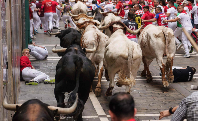 Chaos Ensues as Participants Tumble in Pamplona Bull-Run