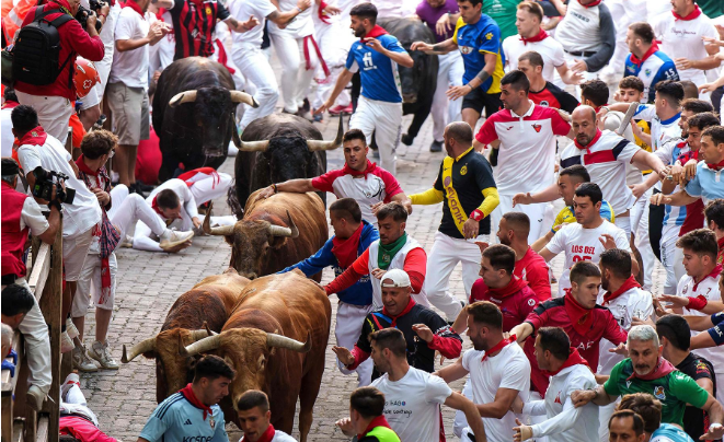 Participants Run with Domingo Hernandez Fighting Bulls in San Fermin Festival