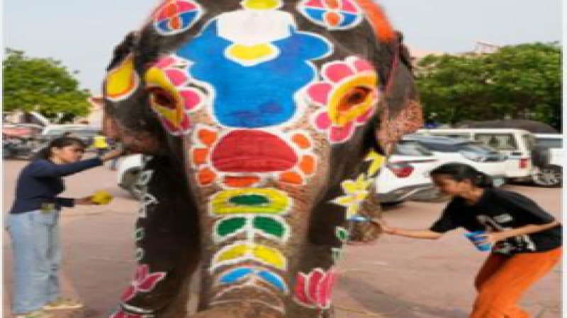 Young Women Adorn Elephant with Decorative Motifs for Rath Yatra Festival in Ahmedabad