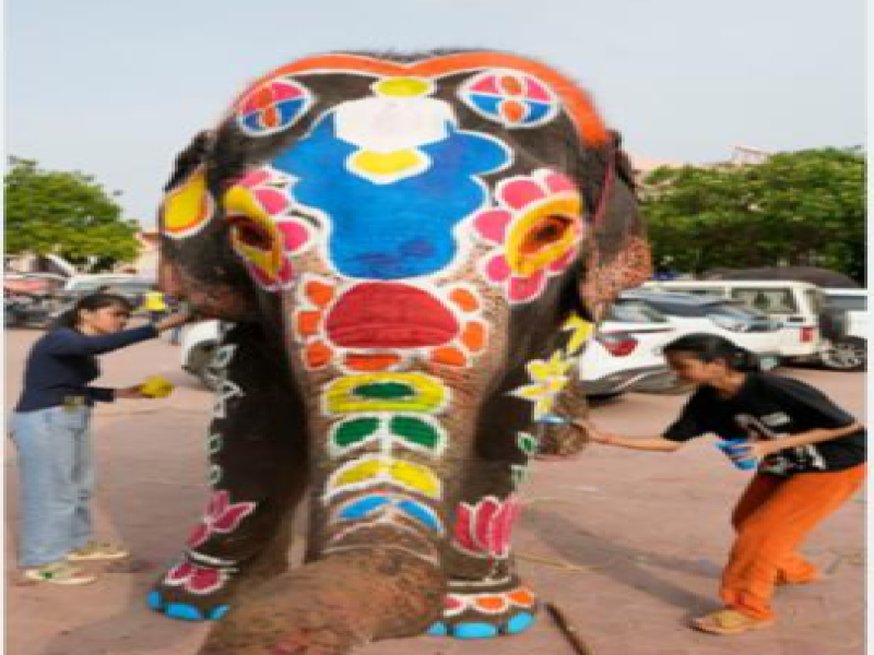 Young Women Adorn Elephant with Decorative Motifs for Rath Yatra Festival in Ahmedabad