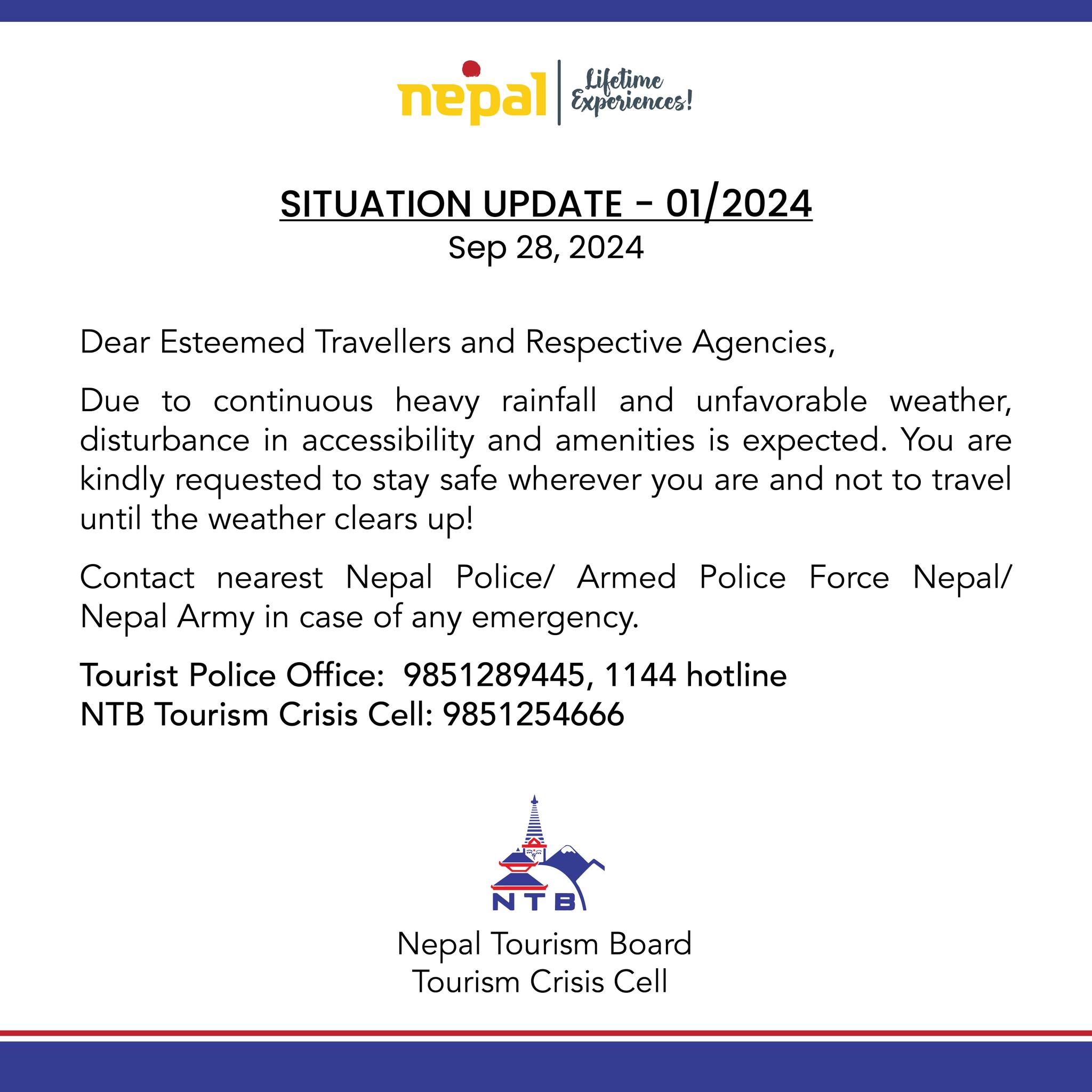 Advisory for Travelers and Agencies Amid Adverse Weather Conditions in Nepal