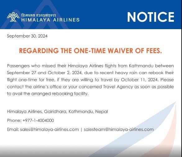 Himalaya Airlines Offers One-Time Waiver for Passengers Affected by Recent Heavy Rain