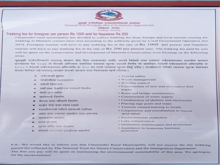 Chumnubri Rural Municipality Introduces Trekking Fees for Manaslu Conservation Area