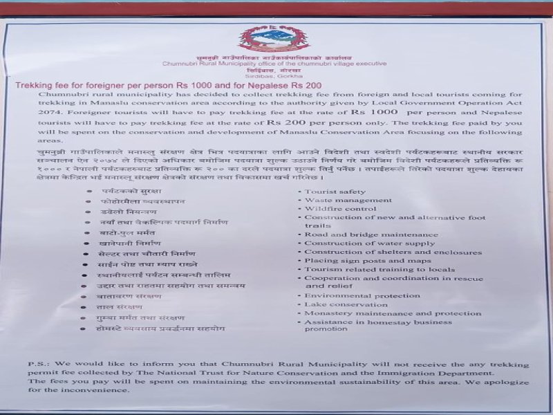 Chumnubri Rural Municipality Introduces Trekking Fees for Manaslu Conservation Area