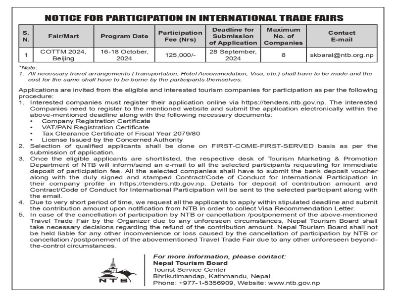 Nepal Tourism Board Invites Applications for Participation in COTTM 2024