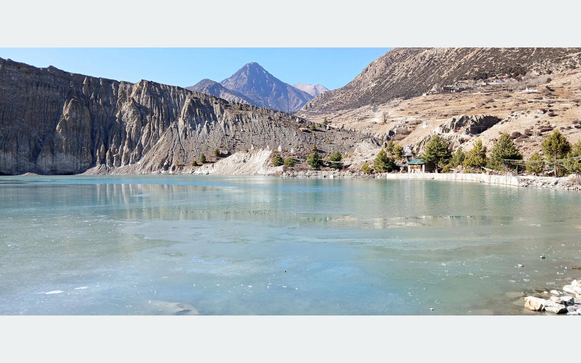Gangapurna Lake Begins to Freeze Amid Cold Weather, A Stunning Attraction for Tourists