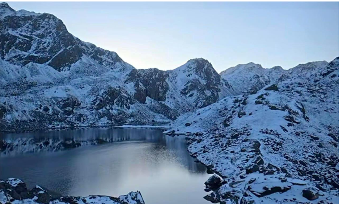 Snowfall Envelops Gosaikunda and Surrounding Areas in Rasuwa