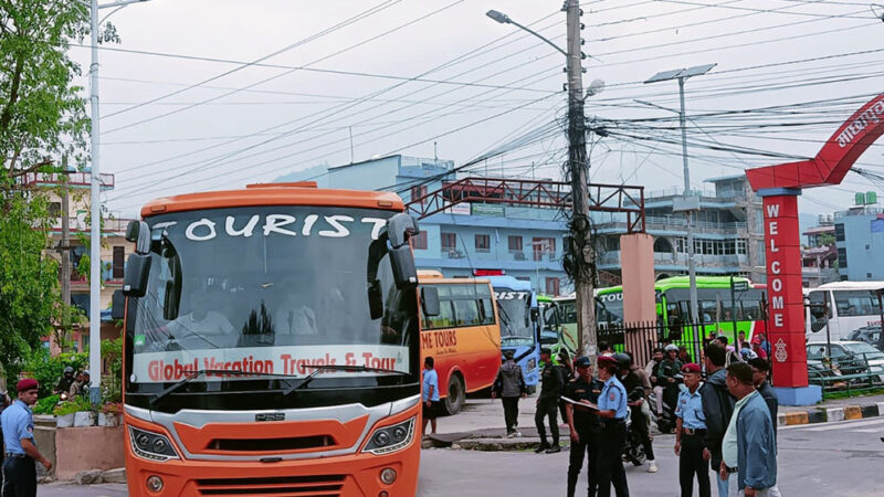 Reliable Rides: Tourist Buses Defy Public Transport Halt in Gandaki