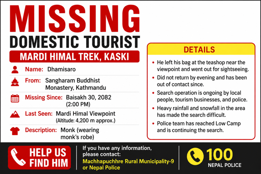 Domestic Tourist Goes Missing During Mardi Himal Trek in Kaski