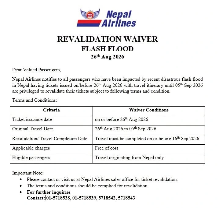 Nepal Airlines Offers Free Ticket Revalidation for Passengers Affected by Rasuwa Floods
